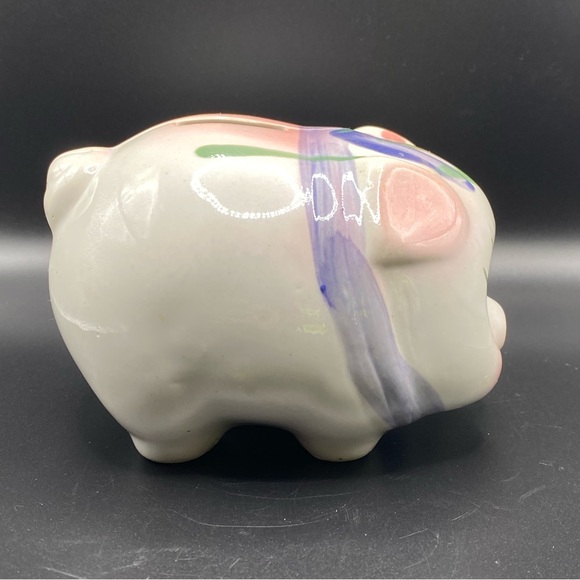 Vintage Ceramic Pig Piggy Bank Hand Painted Purple Pink Flowers And Bow - Picture 5 of 10